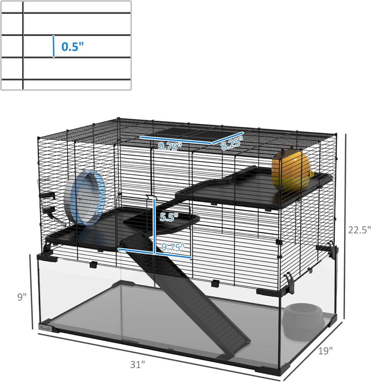 PawHut Large Hamster Cage with Deep Tempered Glass Bottom, 3 Tiers Hamster Tank with Running Wheel, Hut, Water Bottle, Dish, Rat Cage for Syrian, Dwarf, Gerbils, Mouse, 31" x 19" x 21.5", Black - Image 8