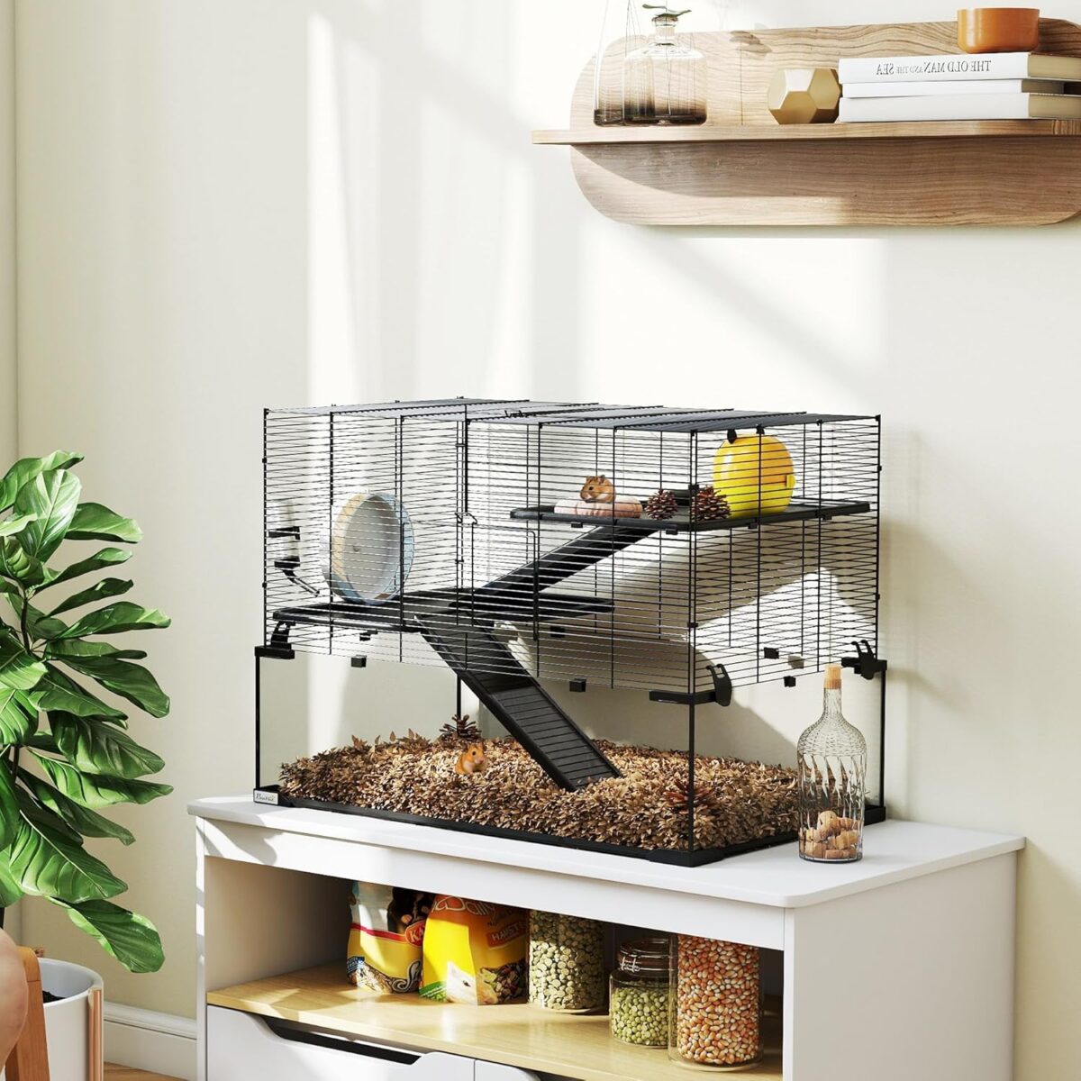 PawHut Large Hamster Cage with Deep Tempered Glass Bottom, 3 Tiers Hamster Tank with Running Wheel, Hut, Water Bottle, Dish, Rat Cage for Syrian, Dwarf, Gerbils, Mouse, 31" x 19" x 21.5", Black - Image 9