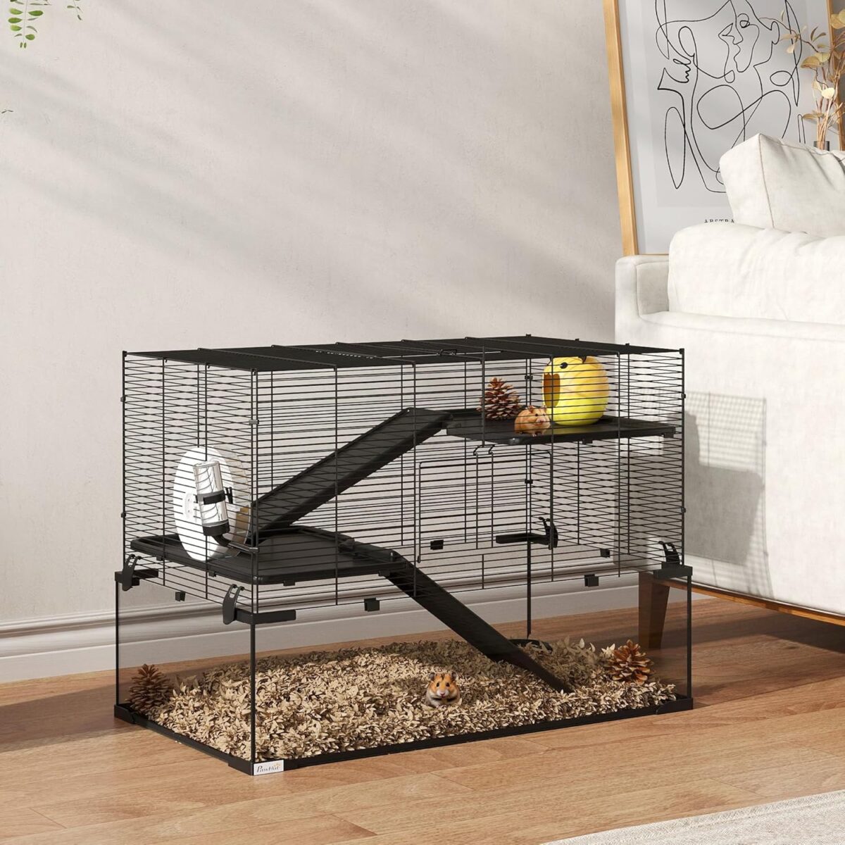 PawHut Large Hamster Cage with Deep Tempered Glass Bottom, 3 Tiers Hamster Tank with Running Wheel, Hut, Water Bottle, Dish, Rat Cage for Syrian, Dwarf, Gerbils, Mouse, 31" x 19" x 21.5", Black - Image 10