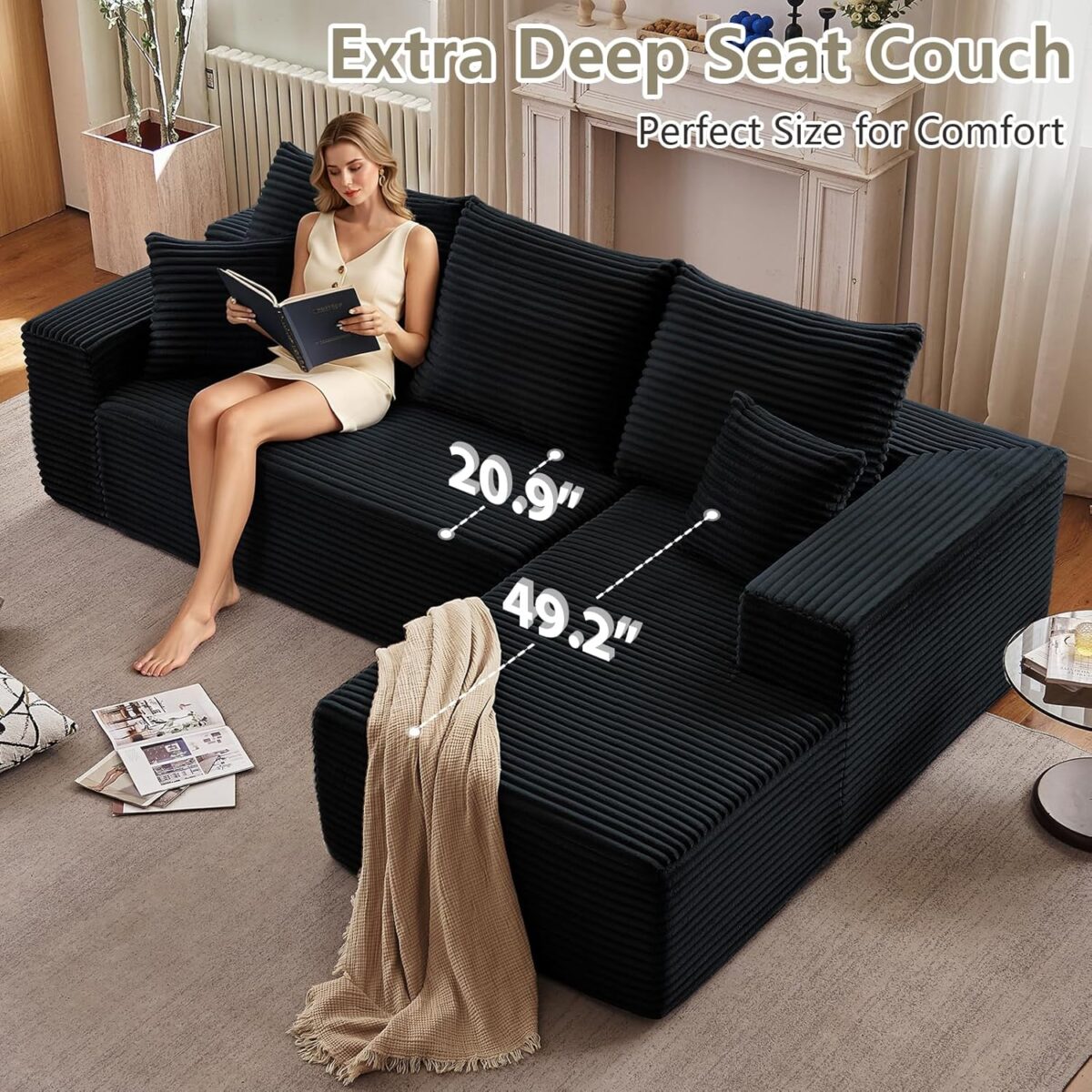 107" Modular Sectional Couches for Living Room, Comfy Boneless L Shaped Cloud Couch with Chaise Lounge, Modern Cozy Corduroy Deep Seat Floor Sofa, Memory Foam, No Assembly Required, Black - Image 4