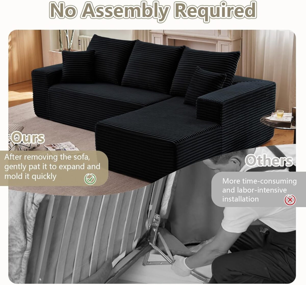 107" Modular Sectional Couches for Living Room, Comfy Boneless L Shaped Cloud Couch with Chaise Lounge, Modern Cozy Corduroy Deep Seat Floor Sofa, Memory Foam, No Assembly Required, Black - Image 5