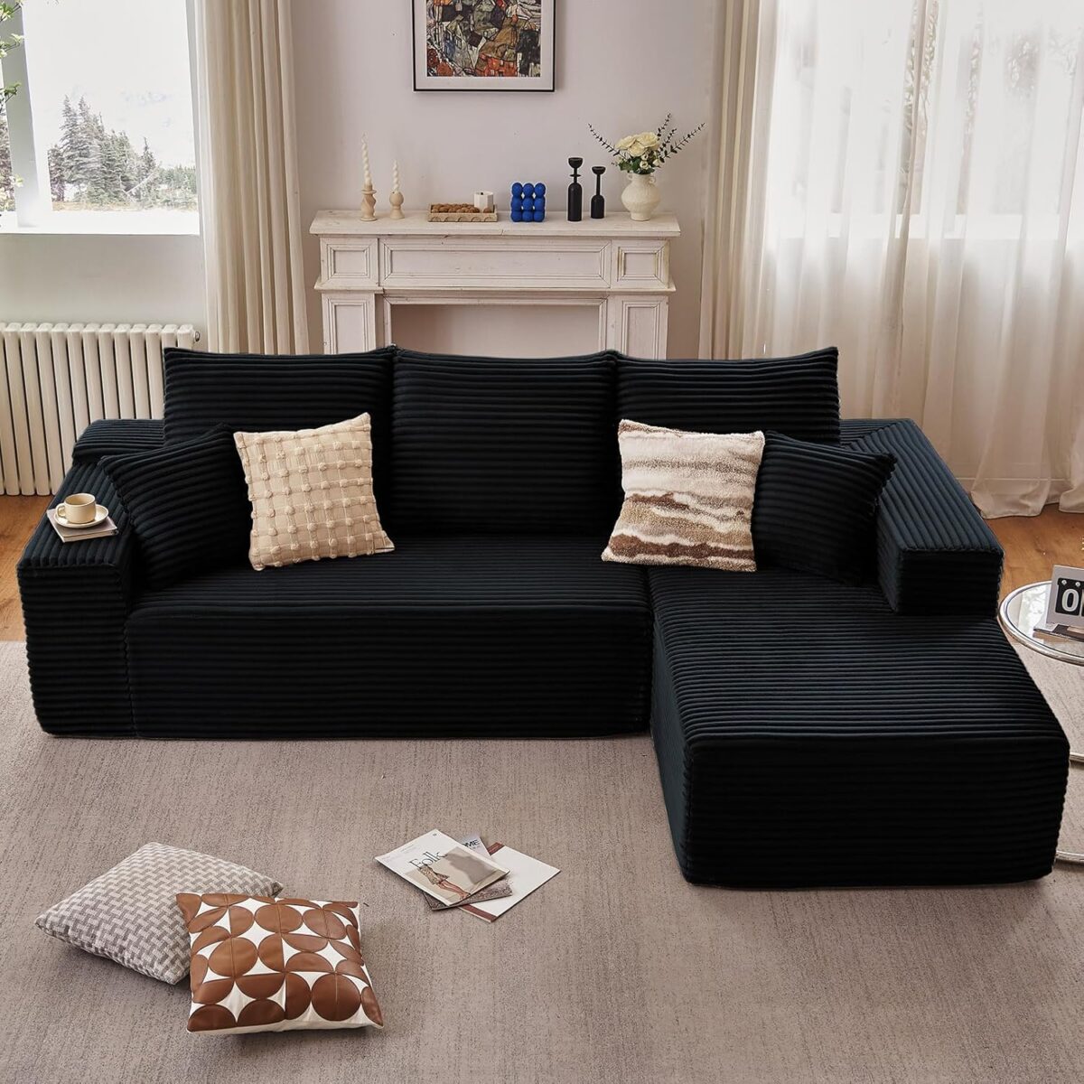 107" Modular Sectional Couches for Living Room, Comfy Boneless L Shaped Cloud Couch with Chaise Lounge, Modern Cozy Corduroy Deep Seat Floor Sofa, Memory Foam, No Assembly Required, Black - Image 7