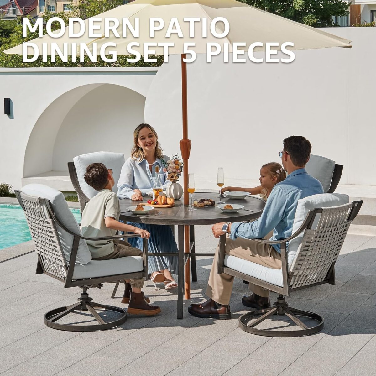 NATURAL EXPRESSIONS 5-Piece Outdoor Patio Dining Set, 4pcs Patio Swivel Rocking Chairs and 38’’ Round Dining Table with 1.65’’ Umbrella Hole - Image 3