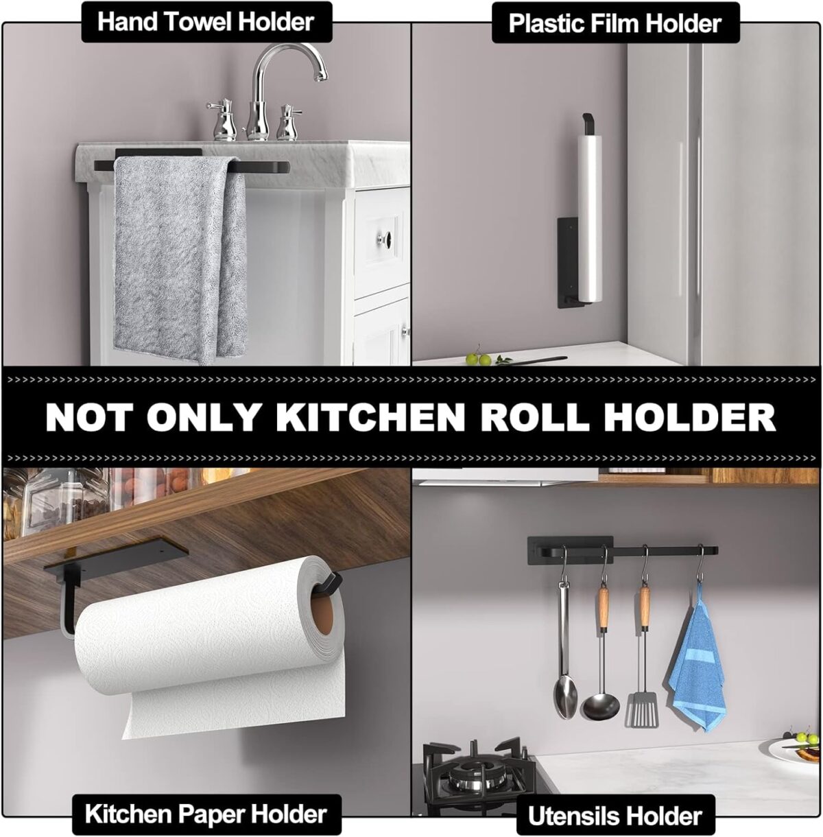 Paper Towel Holder - Self-Adhesive or Drilling, Matte Black, Upgraded Aluminum Kitchen Roll Dispenser Under Cabinet, Lighter but Stronger Than Stainless Steel! - Image 5