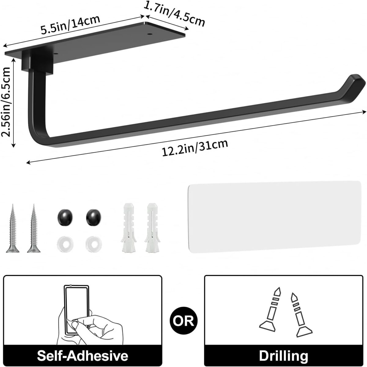 Paper Towel Holder - Self-Adhesive or Drilling, Matte Black, Upgraded Aluminum Kitchen Roll Dispenser Under Cabinet, Lighter but Stronger Than Stainless Steel! - Image 6
