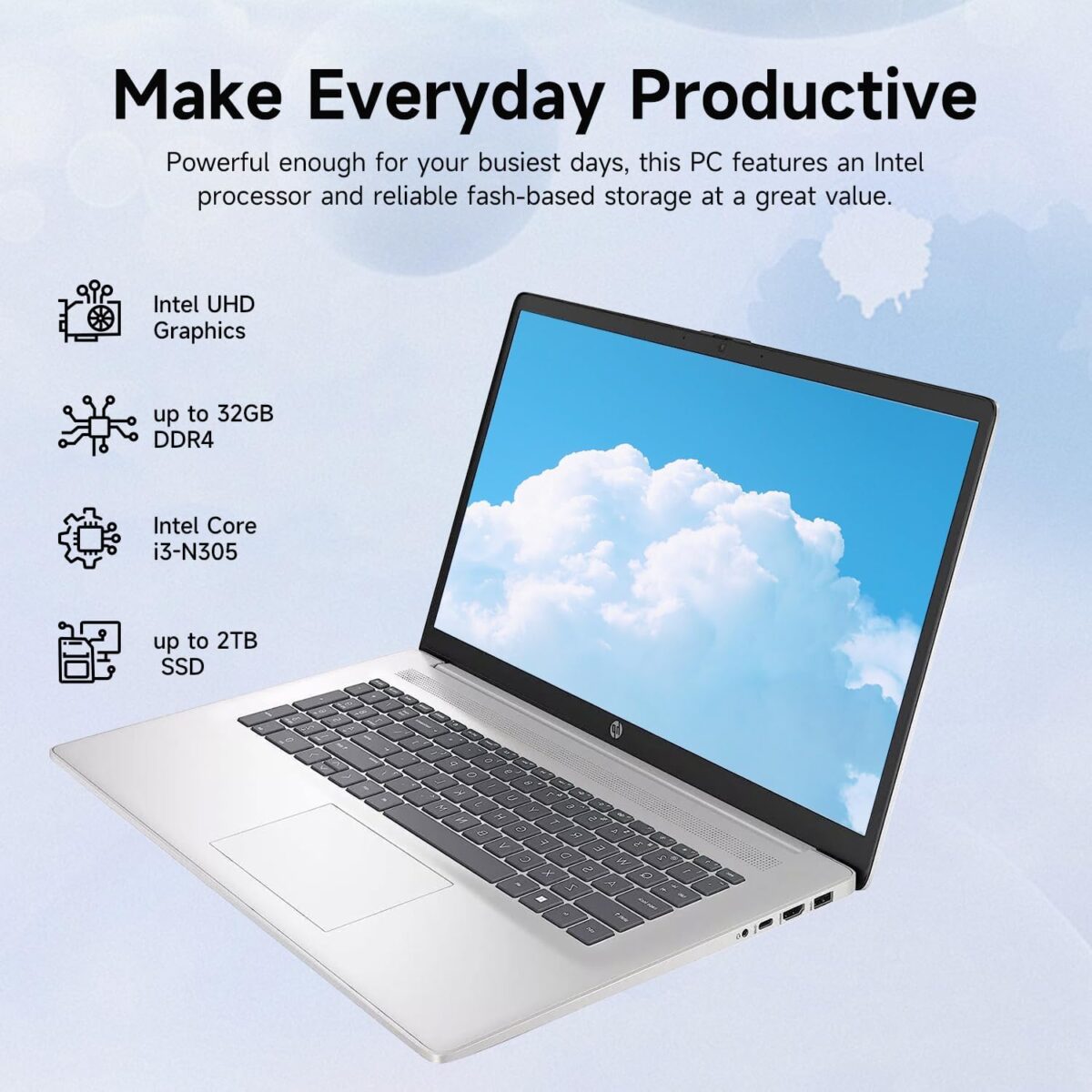 HP High-Performance 17.3" Laptop, 17.3" HD+ Touchscreen, 8-Cores Intel i3-N305, 32GB RAM, 128GB eMMC + 2TB PCIe SSD, Webcam, HDMI, Numeric Keypad, Wi-Fi 6, Windows 11 Pro, Silver - Image 3