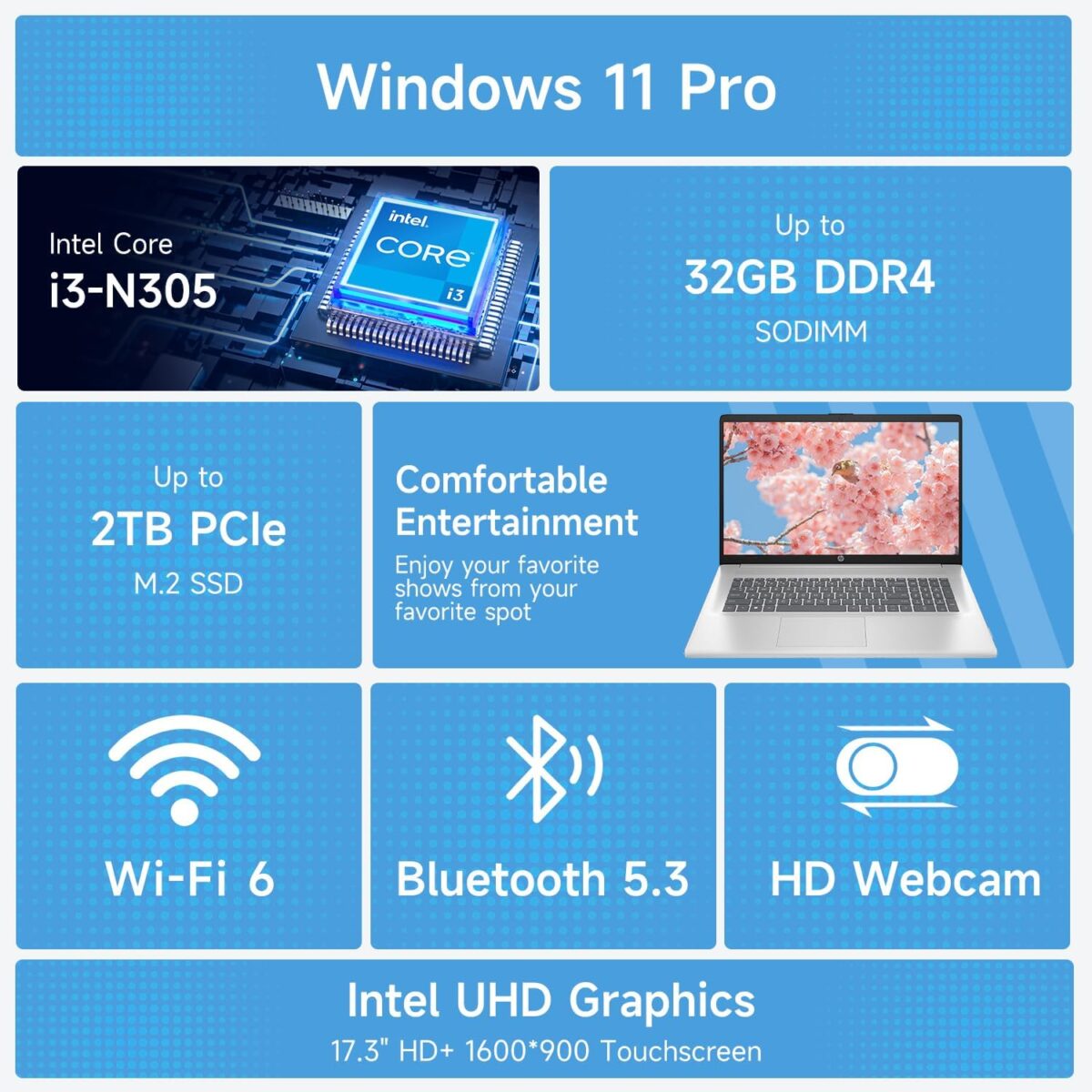HP High-Performance 17.3" Laptop, 17.3" HD+ Touchscreen, 8-Cores Intel i3-N305, 32GB RAM, 128GB eMMC + 2TB PCIe SSD, Webcam, HDMI, Numeric Keypad, Wi-Fi 6, Windows 11 Pro, Silver - Image 8