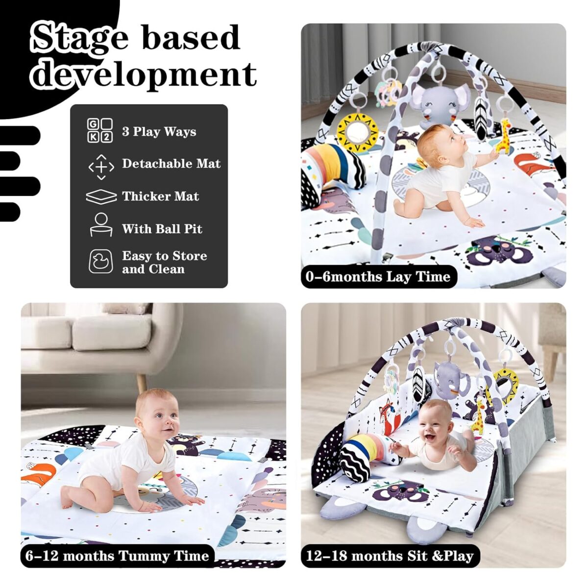 Baby Gym Play Mat, 8-in-1 Tummy Time Mat & Activity Gym, Washable Ball Pit, Infant Play Mat with Detachable Toys for Sensory Exploration and Motor Skill Development - Image 5