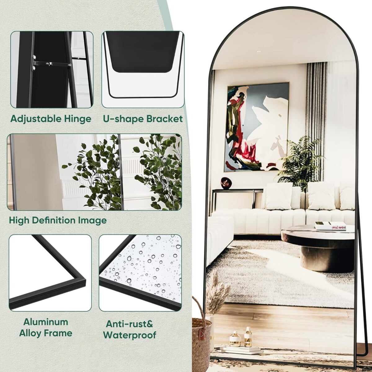 Antok Arched Full Length Mirror, 76"x34" Arched Floor Mirror, Glassless Mirror Full Length with Stand, Floor Mirrors Freestanding, Wall Mounted Mirrors for Bedroom Living Room, Black - Image 6