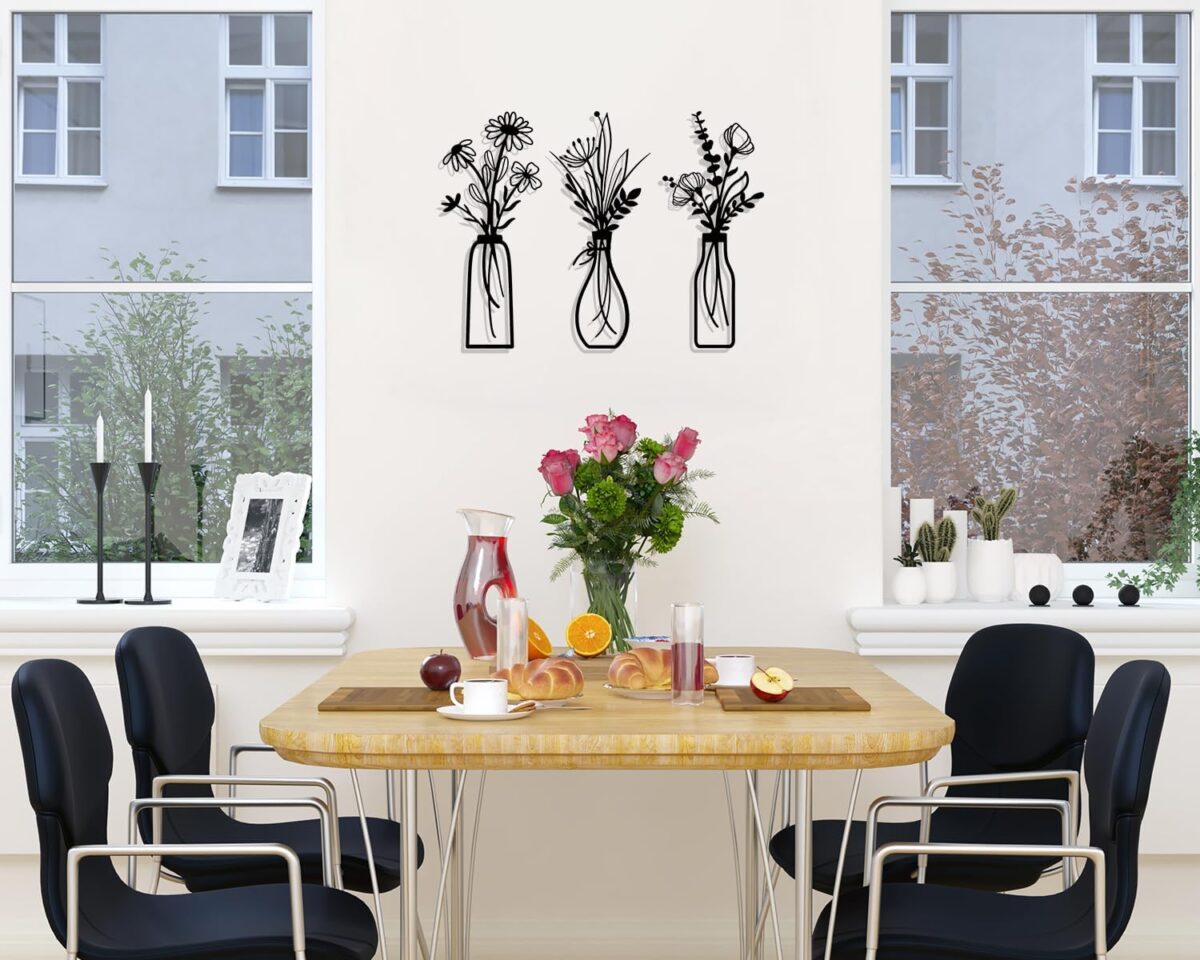 Pigort 3 Pieces Metal Flowers Wall Arts - Rustic Farmhouse Decor Black Minimalist Flower Wall Decors for Living room Bathroom Bedroom Dining Room - Housewarming Gifts(Black, Vase-C) - Image 4