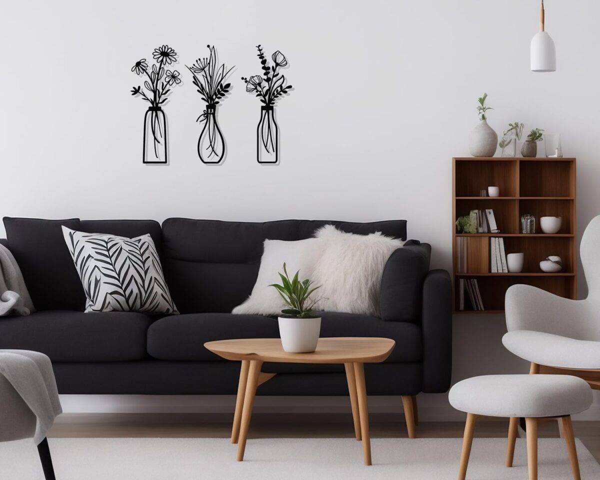Pigort 3 Pieces Metal Flowers Wall Arts - Rustic Farmhouse Decor Black Minimalist Flower Wall Decors for Living room Bathroom Bedroom Dining Room - Housewarming Gifts(Black, Vase-C) - Image 5