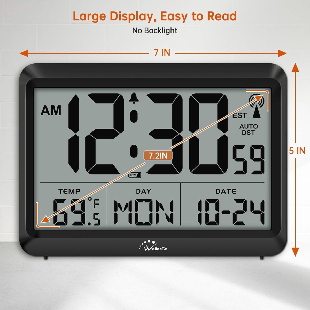 WallarGe Atomic Digital Wall Clock Battery Operated, Self-Setting, Large Display with Temperature, Date, Day of The Week, Silent Wall Mount Digital Clock, 4 Time Zones, DST - Image 6