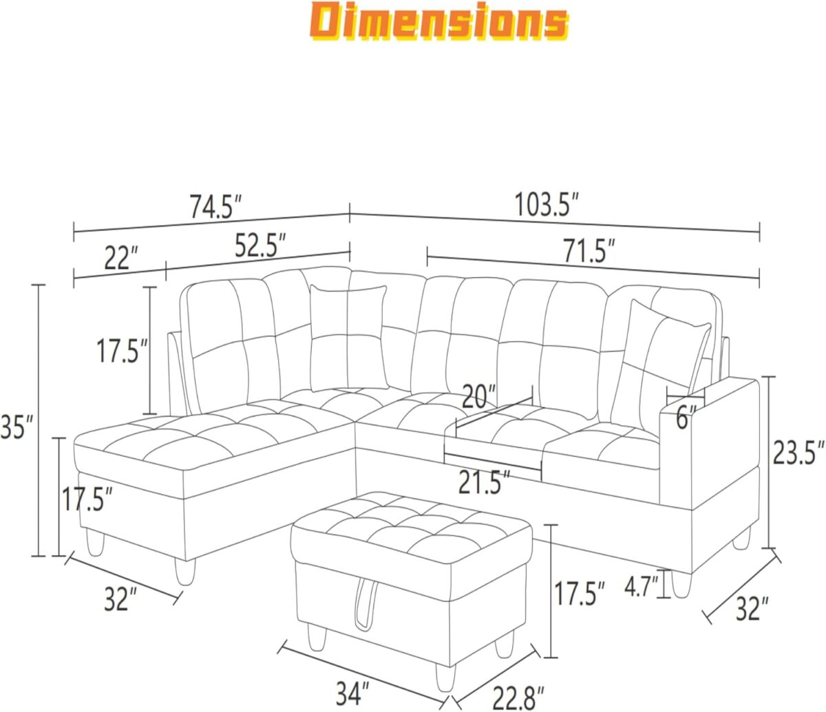 L Shaped Sectional Couch with Otttoman, 103" Sectional Sofa for Living Room Flannel Modular Couches with Cup Holders for Bedroom, Apartments, Beige &Brown - Image 3