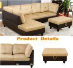 L Shaped Sectional Couch with Otttoman, 103" Sectional Sofa for Living Room Flannel Modular Couches with Cup Holders for Bedroom, Apartments, Beige &Brown - Image 5