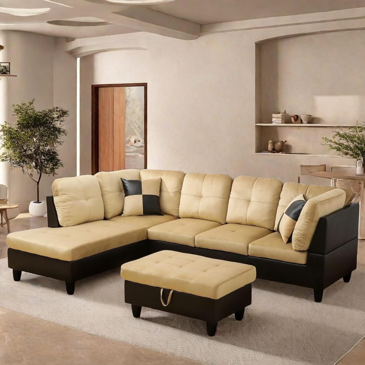 L Shaped Sectional Couch with Otttoman, 103" Sectional Sofa for Living Room Flannel Modular Couches with Cup Holders for Bedroom, Apartments, Beige &Brown - Image 6