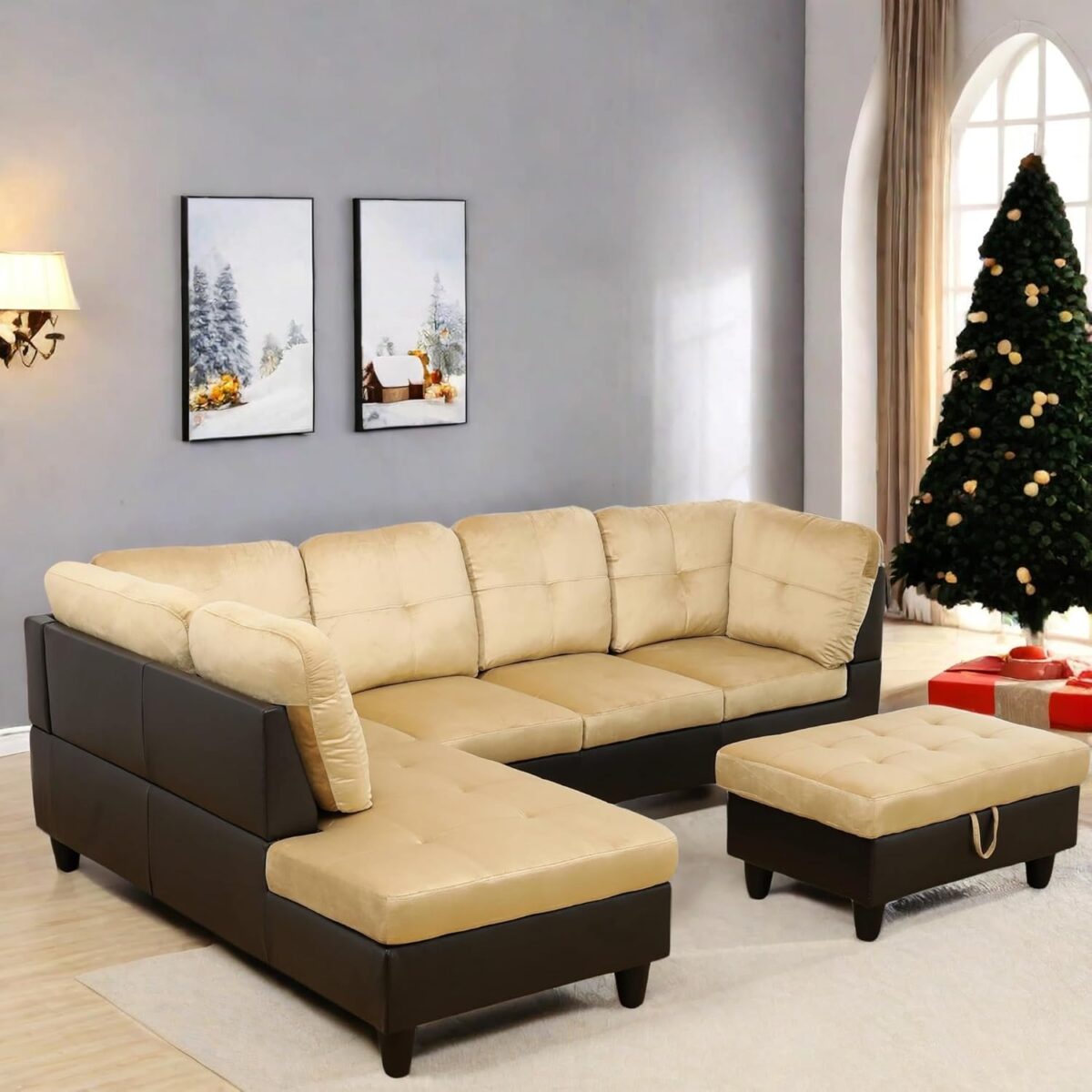 L Shaped Sectional Couch with Otttoman, 103" Sectional Sofa for Living Room Flannel Modular Couches with Cup Holders for Bedroom, Apartments, Beige &Brown - Image 7