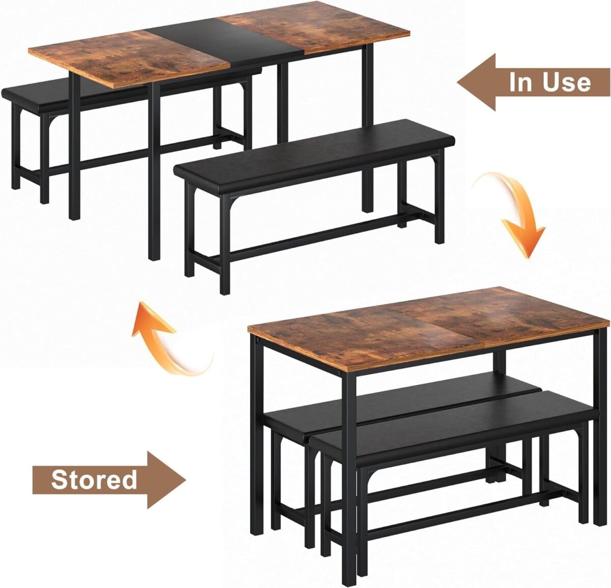 VECELO 3-Piece 63" Extendable Kitchen Table with Benches/Chairs, Modern Breakfast Dinette/Dining Room Set for 4/6/2, Small Space Saving Design, Easy Assembly - Image 3