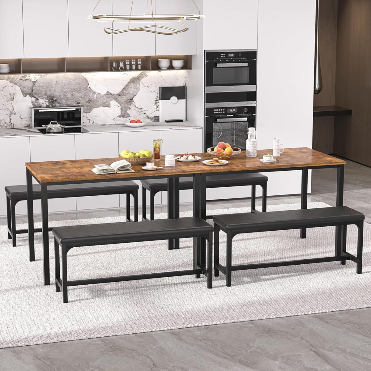 VECELO 3-Piece 63" Extendable Kitchen Table with Benches/Chairs, Modern Breakfast Dinette/Dining Room Set for 4/6/2, Small Space Saving Design, Easy Assembly - Image 6