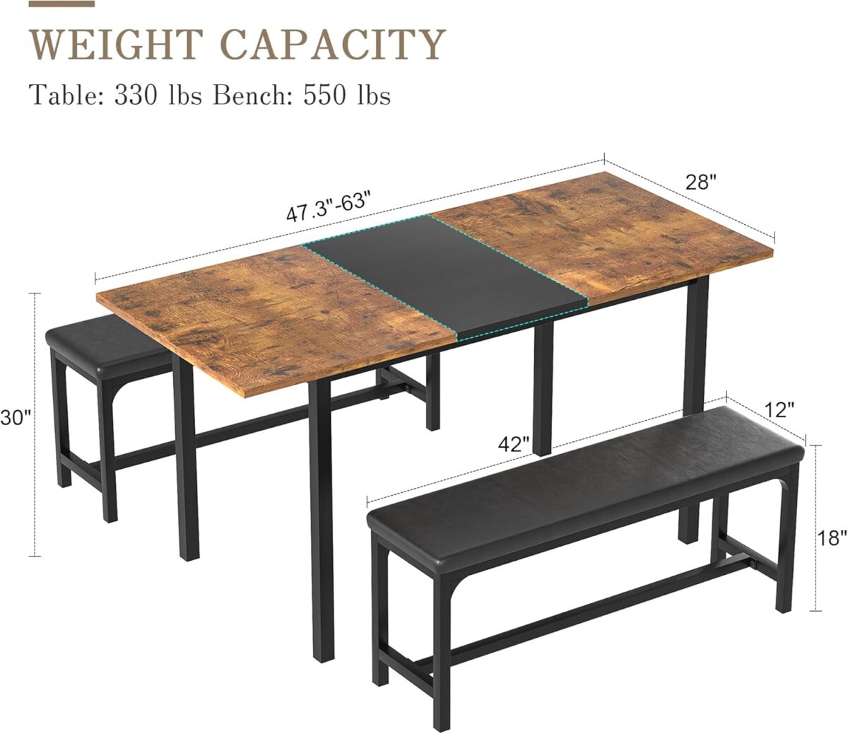 VECELO 3-Piece 63" Extendable Kitchen Table with Benches/Chairs, Modern Breakfast Dinette/Dining Room Set for 4/6/2, Small Space Saving Design, Easy Assembly - Image 7
