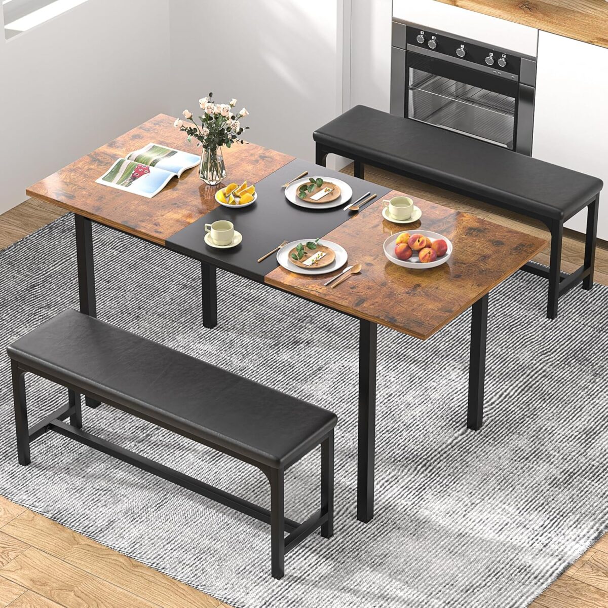 VECELO 3-Piece 63" Extendable Kitchen Table with Benches/Chairs, Modern Breakfast Dinette/Dining Room Set for 4/6/2, Small Space Saving Design, Easy Assembly - Image 8
