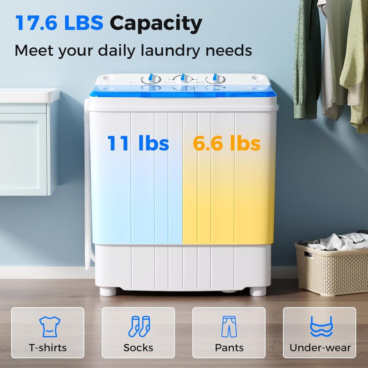 Giantex Portable Washing Machine, 17.6lbs Compact Washer Spinner Combo with Pump Drain, Twin Tub 11lbs Wash & 6.6lbs Spin, Lavadoras Portatiles for Apartment RV Dorm College (White & Blue) - Image 3