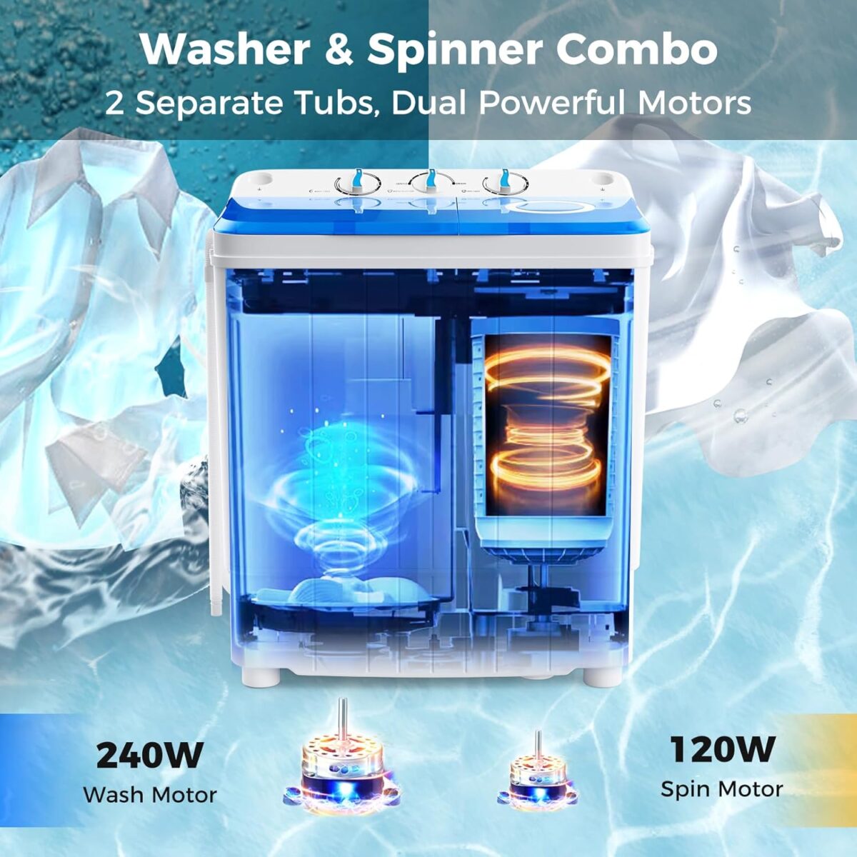 Giantex Portable Washing Machine, 17.6lbs Compact Washer Spinner Combo with Pump Drain, Twin Tub 11lbs Wash & 6.6lbs Spin, Lavadoras Portatiles for Apartment RV Dorm College (White & Blue) - Image 5