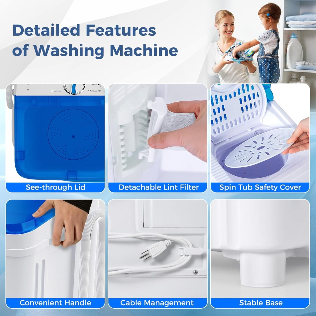 Giantex Portable Washing Machine, 17.6lbs Compact Washer Spinner Combo with Pump Drain, Twin Tub 11lbs Wash & 6.6lbs Spin, Lavadoras Portatiles for Apartment RV Dorm College (White & Blue) - Image 8