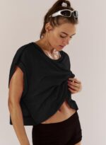Women Short Sleeve Workout Shirts Open Back Tops Casual Yoga Y2k Athletic Gym Slouchy Crop Running Tees - Image 5