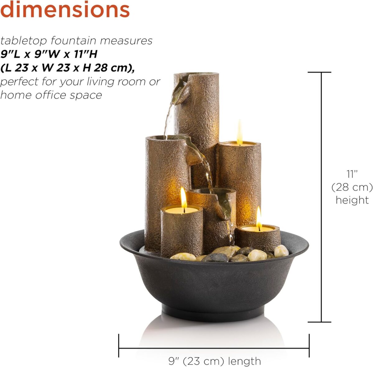 Alpine Corporation WCT202 Indoor Tabletop Tiered Water Fountain Featuring 3 Candles for Desktop and Table, 11", Brown - Image 4