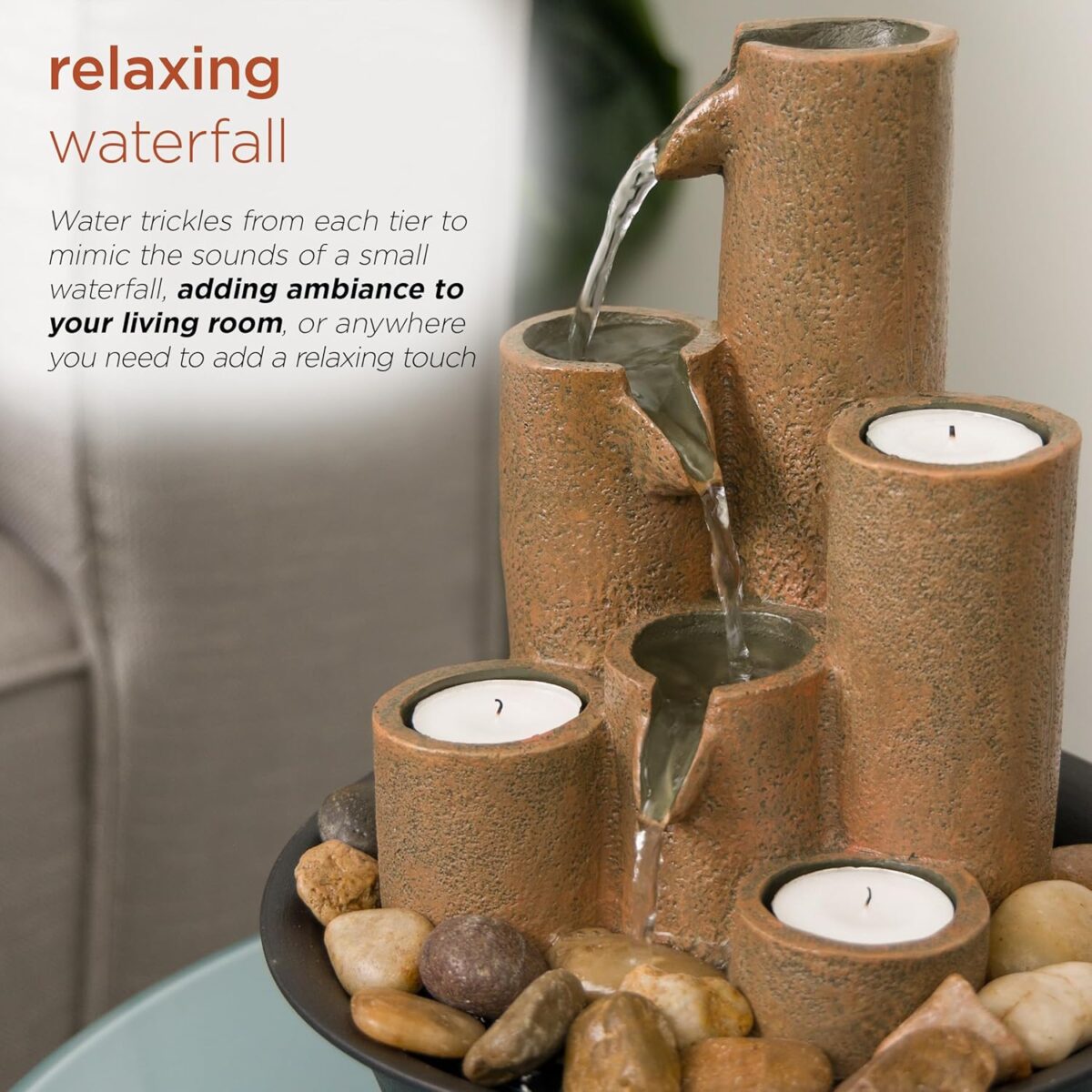 Alpine Corporation WCT202 Indoor Tabletop Tiered Water Fountain Featuring 3 Candles for Desktop and Table, 11", Brown - Image 6