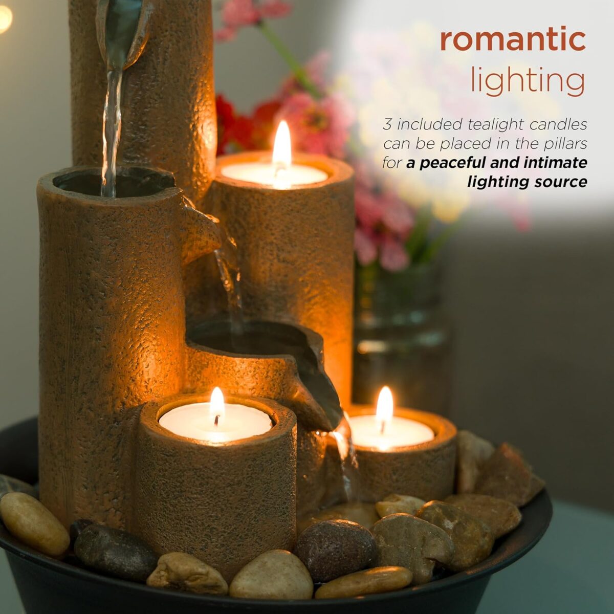 Alpine Corporation WCT202 Indoor Tabletop Tiered Water Fountain Featuring 3 Candles for Desktop and Table, 11", Brown - Image 7