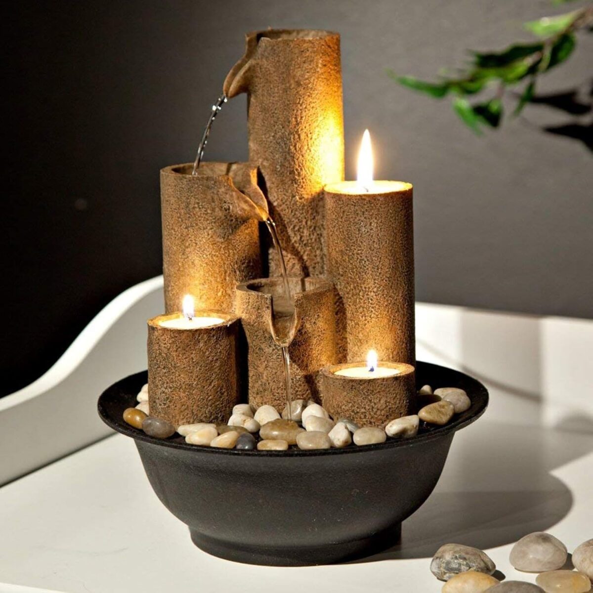 Alpine Corporation WCT202 Indoor Tabletop Tiered Water Fountain Featuring 3 Candles for Desktop and Table, 11", Brown - Image 13