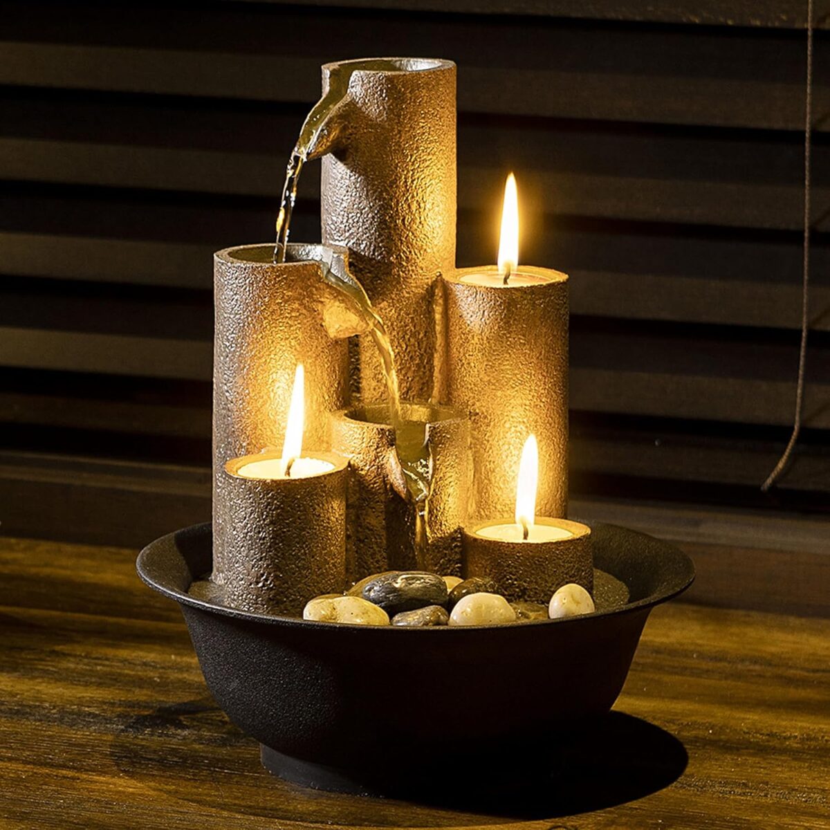 Alpine Corporation WCT202 Indoor Tabletop Tiered Water Fountain Featuring 3 Candles for Desktop and Table, 11", Brown - Image 14