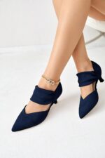 Coutgo Womens Low Kitten Heel Dress Shoes Pointed Toe Slip on Ankle Strap Cutout Elegant Party Wedding Pumps - Image 3