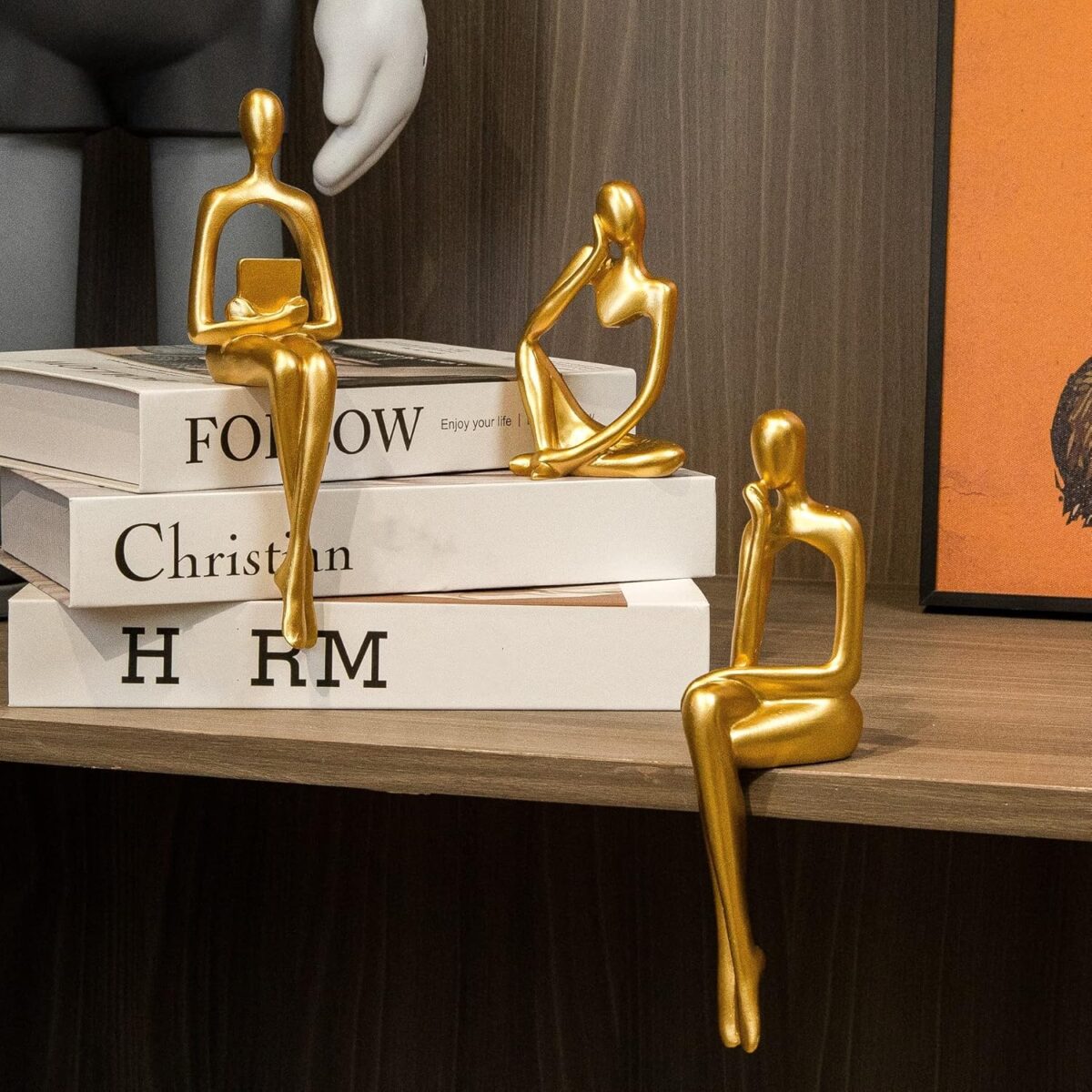 Gold Home Decor Thinker Statue Accents, Set of 3 Thinker Sculptures Office Decor Modern Abstract Resin Decoration on Shelf Table Desk for Living Room Office Bedroom (Large Gold) - Image 3
