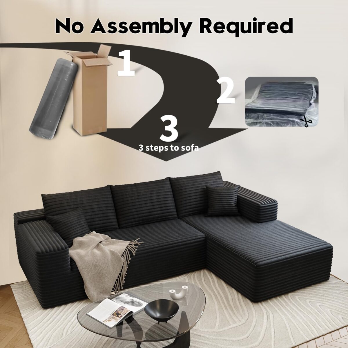 107.5" Cloud Sectional Couch with L-Shape Chaise,Modern Modular Sofa with Deep Seat, Upholstered Couches for Living Room Bedroom Apartments,No Assembly Required, (Black,Right Facing Chaise) - Image 4