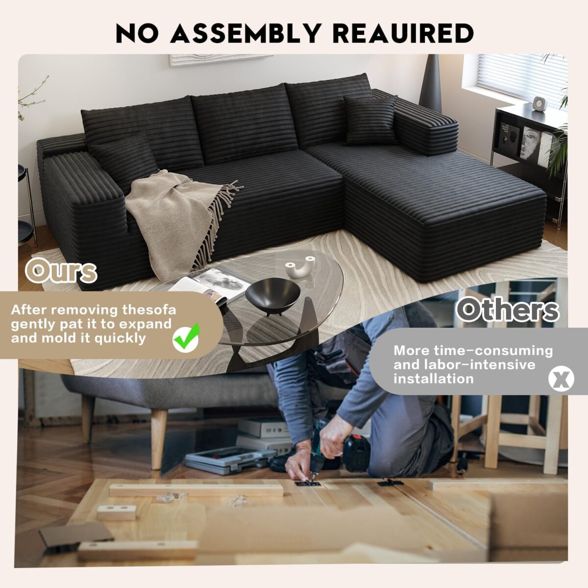 107.5" Cloud Sectional Couch with L-Shape Chaise,Modern Modular Sofa with Deep Seat, Upholstered Couches for Living Room Bedroom Apartments,No Assembly Required, (Black,Right Facing Chaise) - Image 7