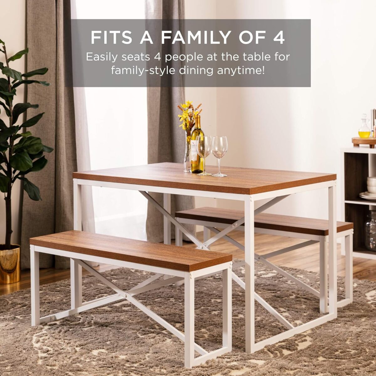Best Choice Products 45.5in 3-Piece Bench Style Dining Furniture Set, 4-Person Space-Saving Dinette for Kitchen, Dining Room w/ 2 Benches, Table - Brown/White - Image 3