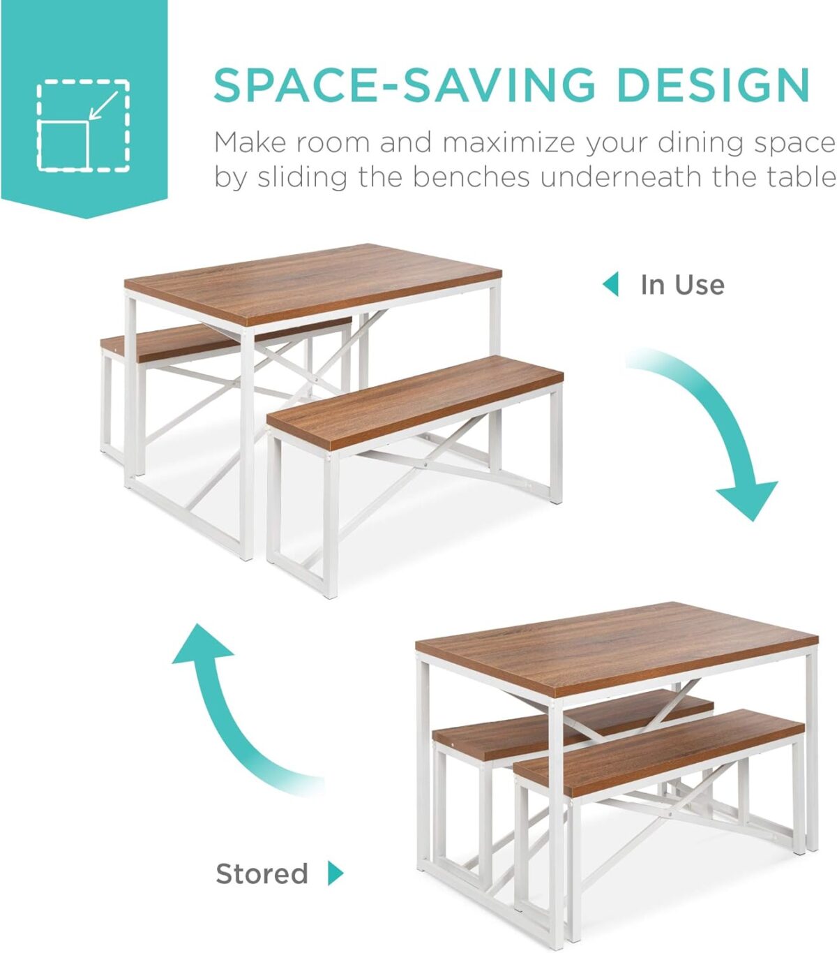 Best Choice Products 45.5in 3-Piece Bench Style Dining Furniture Set, 4-Person Space-Saving Dinette for Kitchen, Dining Room w/ 2 Benches, Table - Brown/White - Image 6