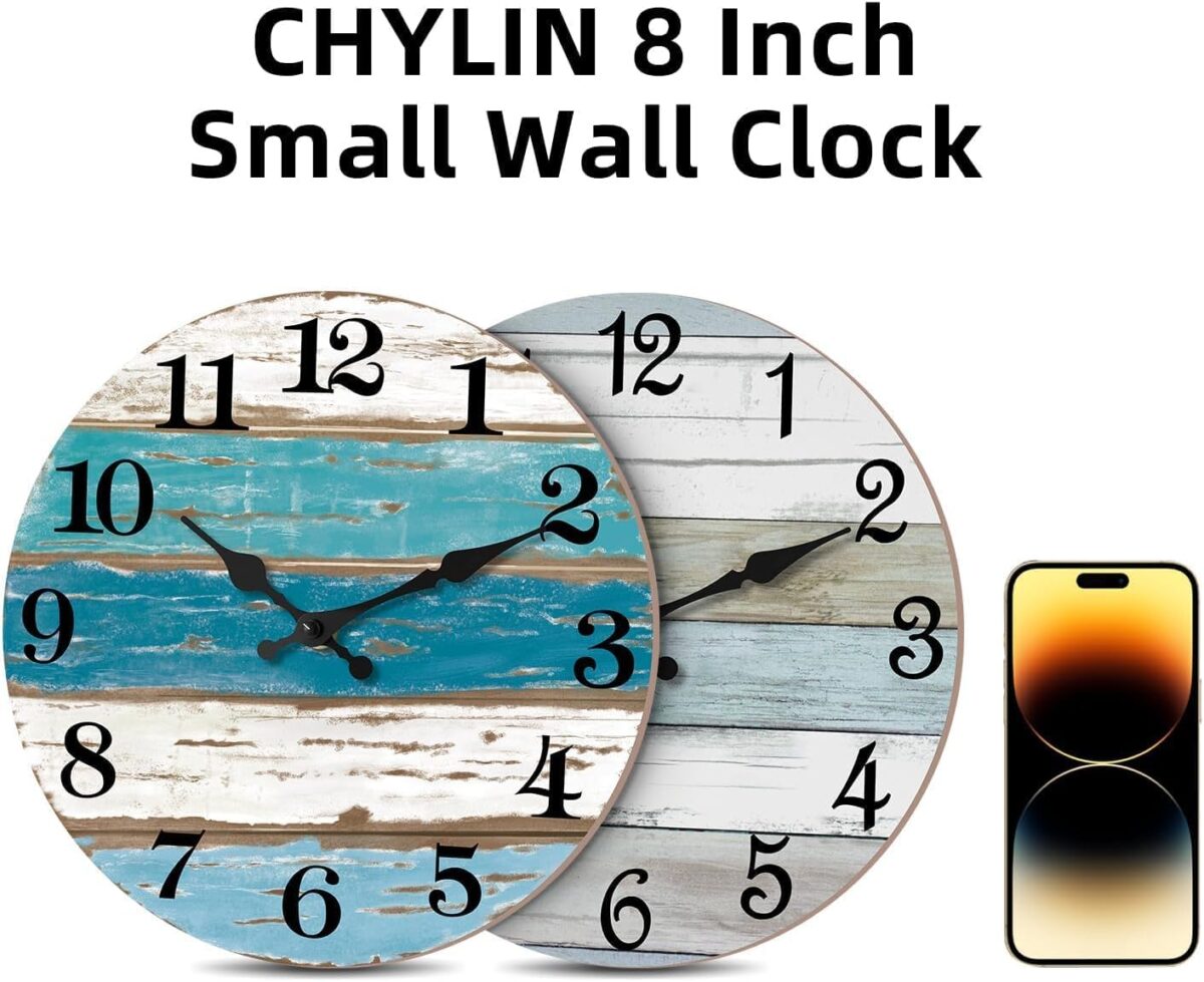 CHYLIN Wall Clock, Silent Non Ticking Battery Operated, Rustic Coastal Country Clock Decorative for Bathroom Kitchen Bedroom 8" - Image 6