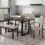 Merax 6 Piece Kitchen Dining Table Set, Wooden Rectangular Dining Table with Upholstered Bench and 4 Chairs, Dining Room Table Set for 6 People, Living Room Furniture (Espresso, Cushions) - Image 3