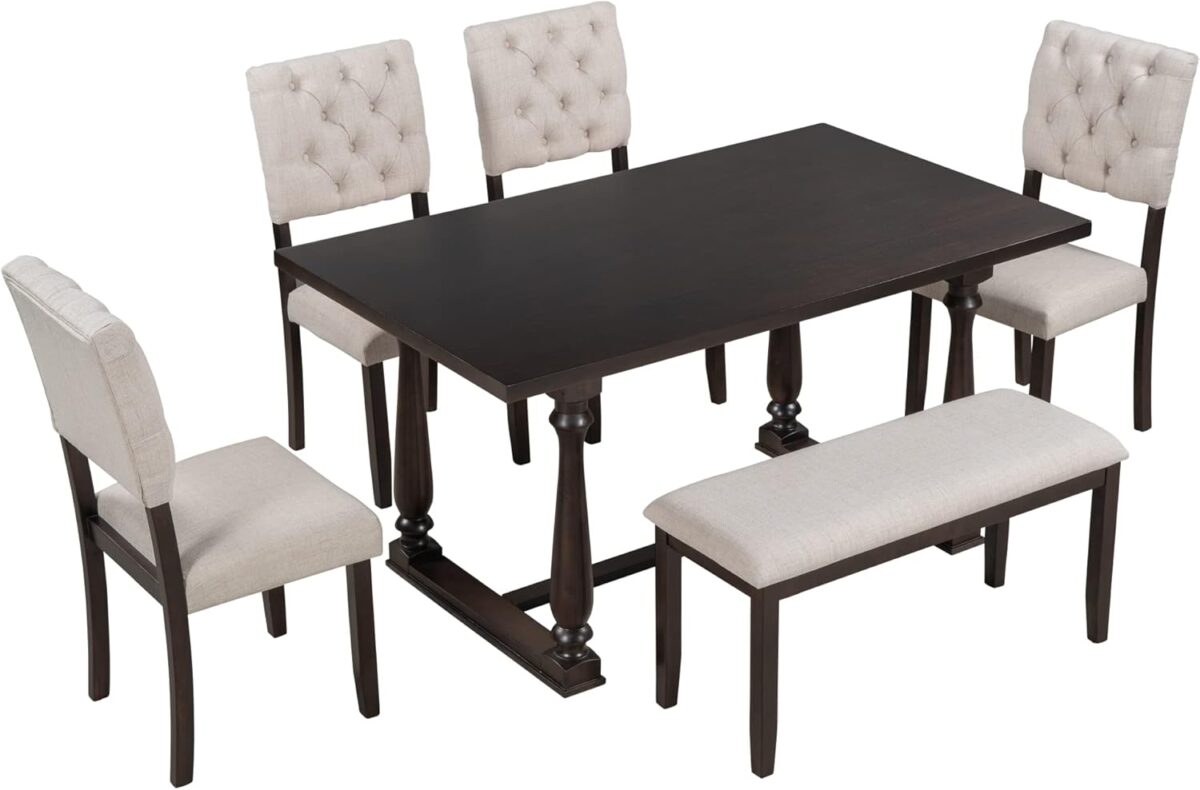 Merax 6 Piece Kitchen Dining Table Set, Wooden Rectangular Dining Table with Upholstered Bench and 4 Chairs, Dining Room Table Set for 6 People, Living Room Furniture (Espresso, Cushions) - Image 9