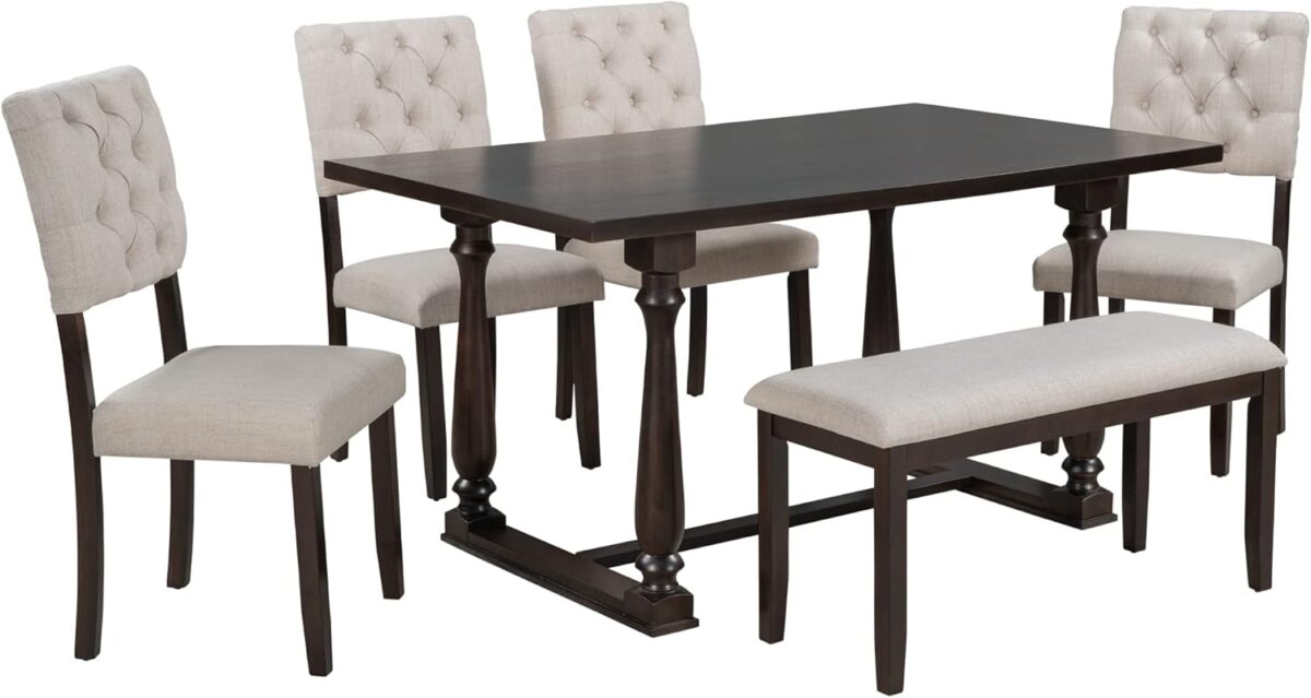 Merax 6 Piece Kitchen Dining Table Set, Wooden Rectangular Dining Table with Upholstered Bench and 4 Chairs, Dining Room Table Set for 6 People, Living Room Furniture (Espresso, Cushions) - Image 10