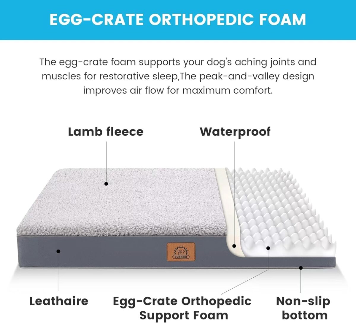 Extra Large Orthopedic Dog Bed for Big Dogs - XL Waterproof Dog Bed with Removable Washable Cover & Anti-Slip Bottom, Crate Bed, Deluxe Plush Pet Bed Mat (Grey) - Image 3