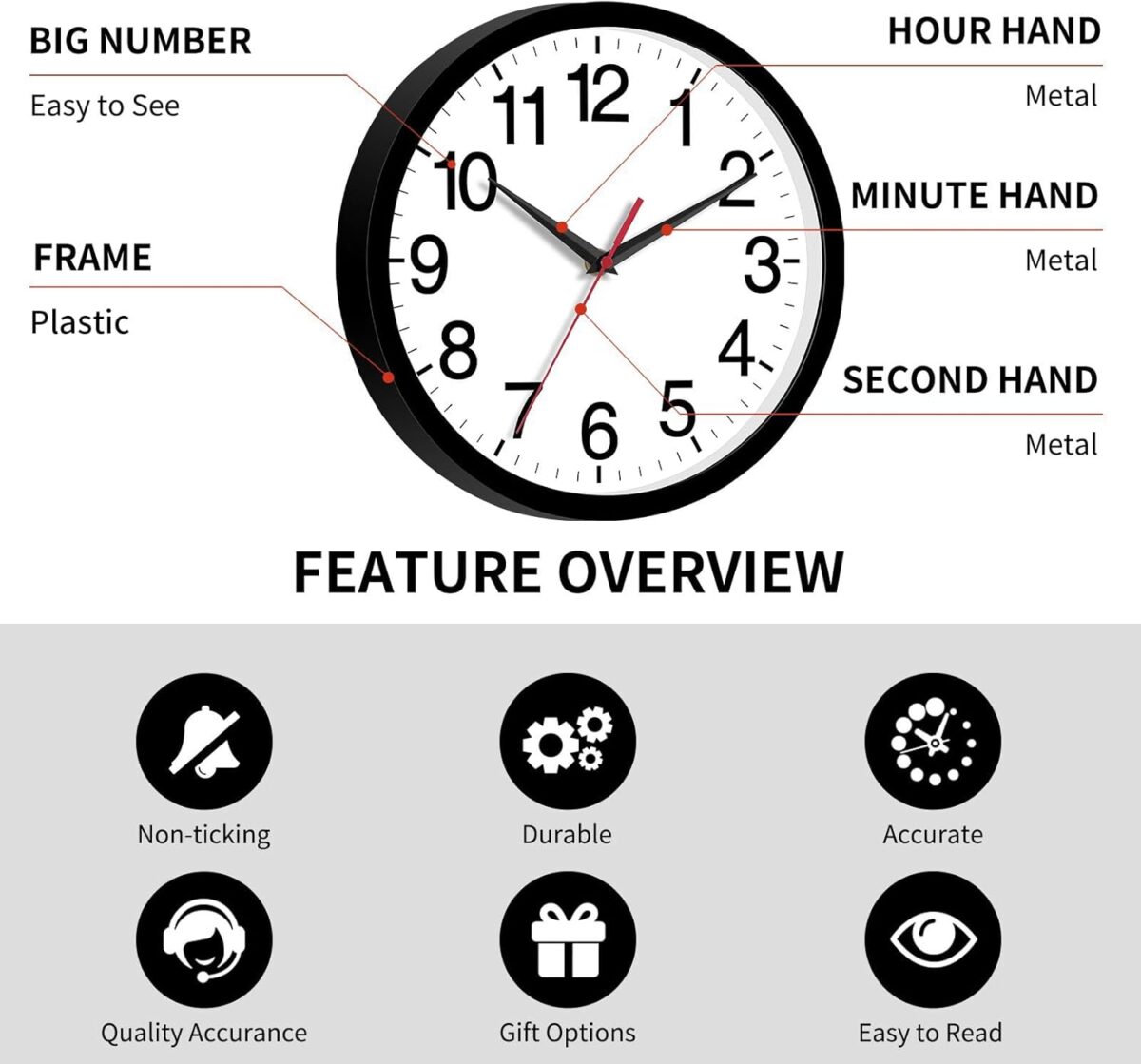 Wall Clock Modern 8 Inch Battery Operated Silent Non Ticking Small Analog Clock for Living Room Office Home Bedroom Kitchen Bathroom(Black) - Image 6