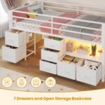 ADORNEVE Low Loft Bed Twin Size with 7 Storage Drawers, Bookcase and LED Lights, Metal Kids Loft Bed with 14" H Safety Guardrail,Inclined Ladder and Play Curtain, Under-Bed Play Space, White - Image 5