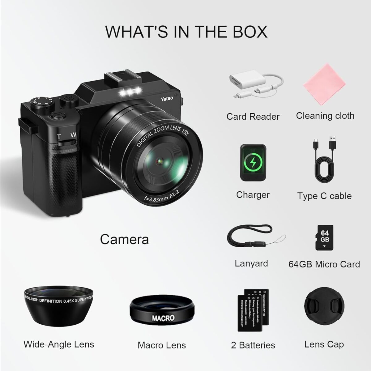 Yatao Digital Camera with WiFi, 4K 5K 64MP Photography Camera Kit for YouTube, Front and Rear Dual Camera for Convenient Selfie, Equipped with 64GB Micro Card, Wide & Macro Lens, Card Reader - Image 10
