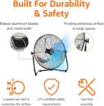 Amazon Basics 20" High Velocity Industrial Fan, Floor Fan, with 3 Speeds, Tilt Head, ETL-Listed Safety Compliance, Metal Housing/Blades, Ideal for Industrial/Commercial Space/Garage/Gym, 125W, Black - Image 3