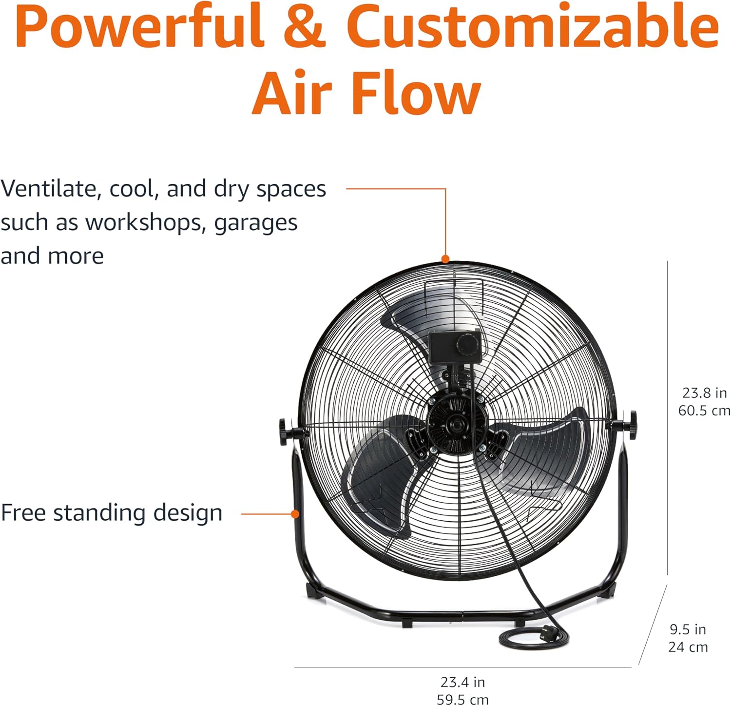 Amazon Basics 20" High Velocity Industrial Fan, Floor Fan, with 3 Speeds, Tilt Head, ETL-Listed Safety Compliance, Metal Housing/Blades, Ideal for Industrial/Commercial Space/Garage/Gym, 125W, Black - Image 4
