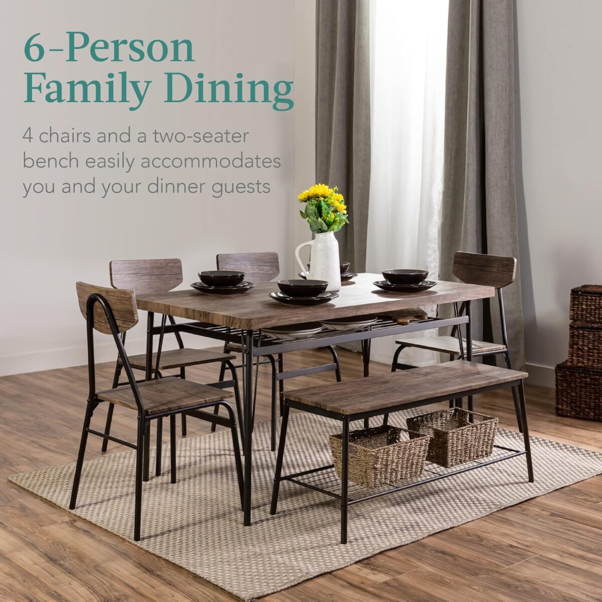 Best Choice Products 6-Piece 55in Modern Dining Set for Home, Kitchen, Dining Room w/Storage Racks, Rectangular Table, Bench, 4 Chairs, Steel Frame - Brown - Image 3